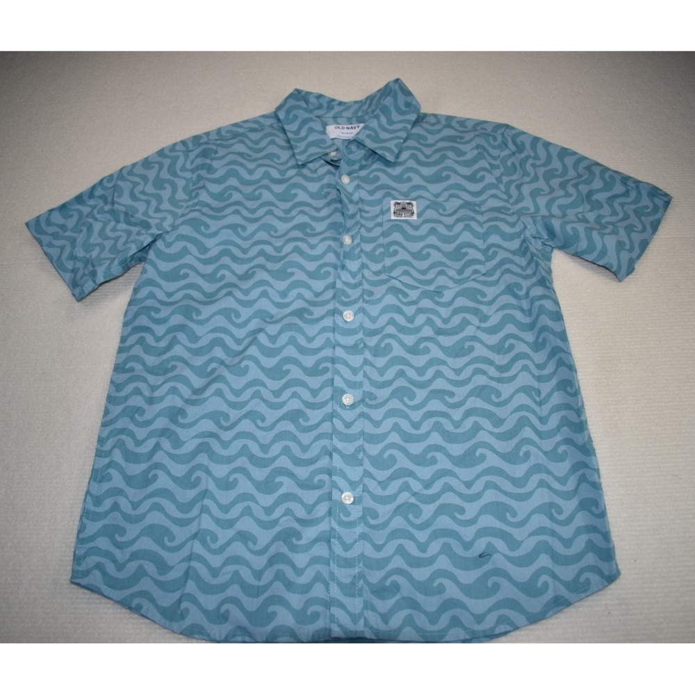 Old Navy Button Down XL 14-16 Boys Short Sleeve Wavy Surf Pattern